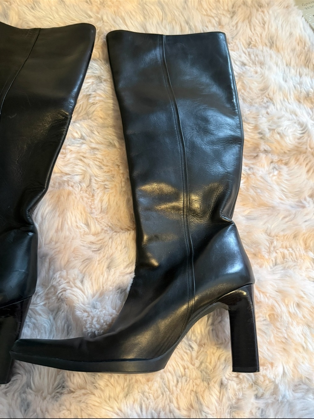 PRADA Women's Black Leather Knee High Zip Boots Square Toe Block Heel Sz 37.5 - Picture 3 of 15